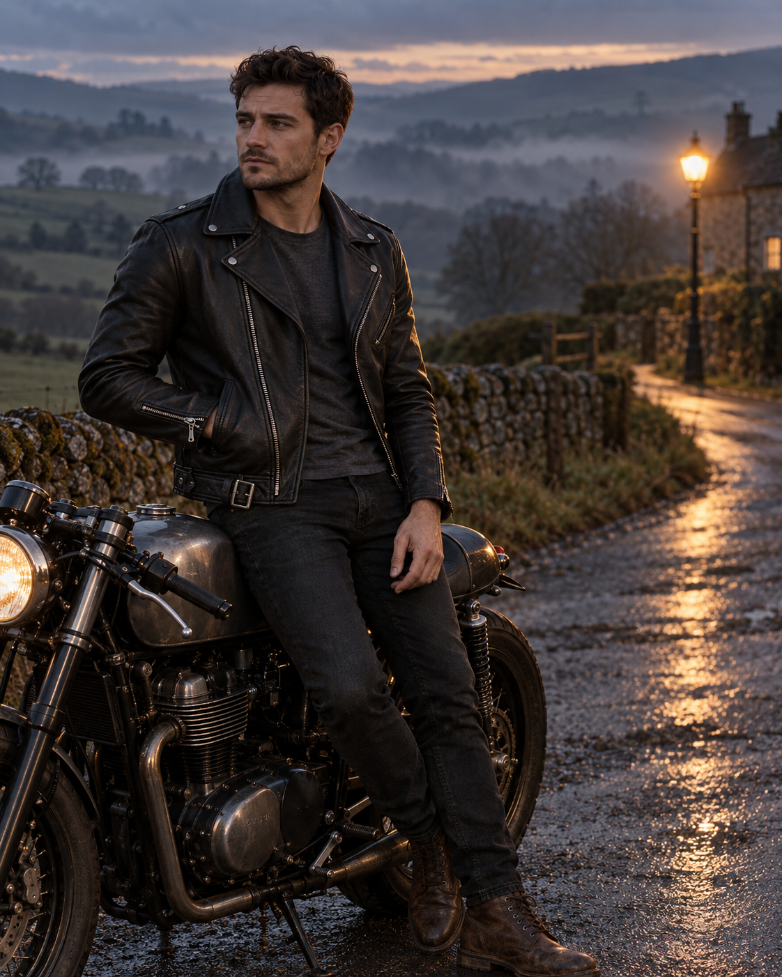 Man wearing the OWEN black vegan leather biker jacket on a cobblestone street at dusk