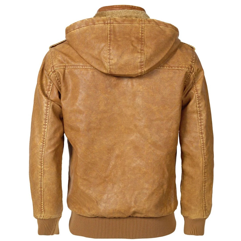 Langley Hooded Bomber Jacket in tan, back view with hood and ribbed hem