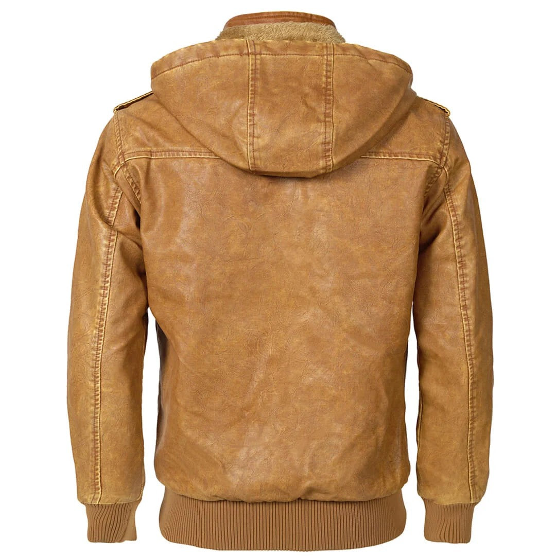 Langley Hooded Bomber Jacket in tan, back view with hood and ribbed hem