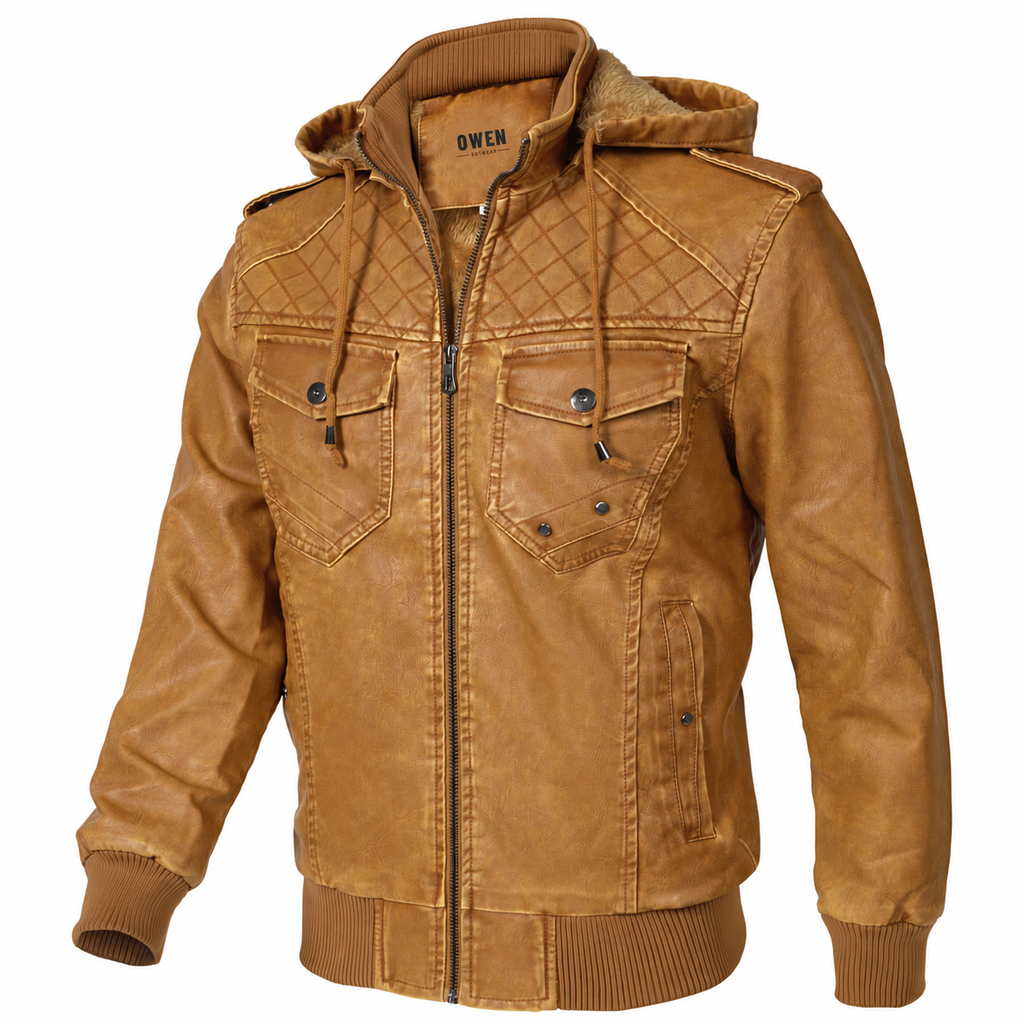 Langley Hooded Bomber Jacket in tan vegan leather, front detail