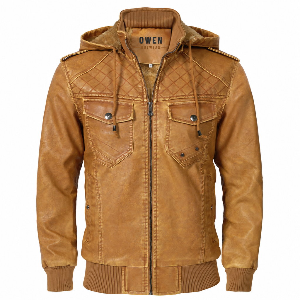 Langley Hooded Bomber Jacket in tan vegan leather, front view
